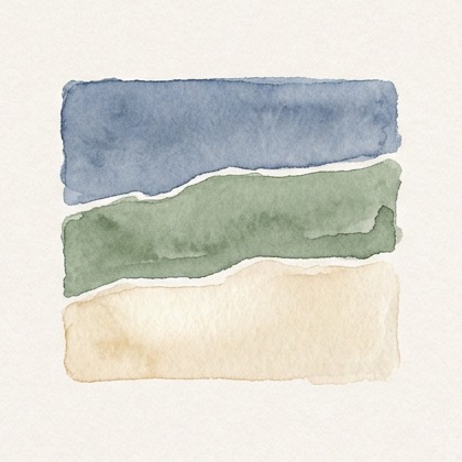 Calm watercolor of layered bedrock cliffs at dawn, steady stone ledges in soft light