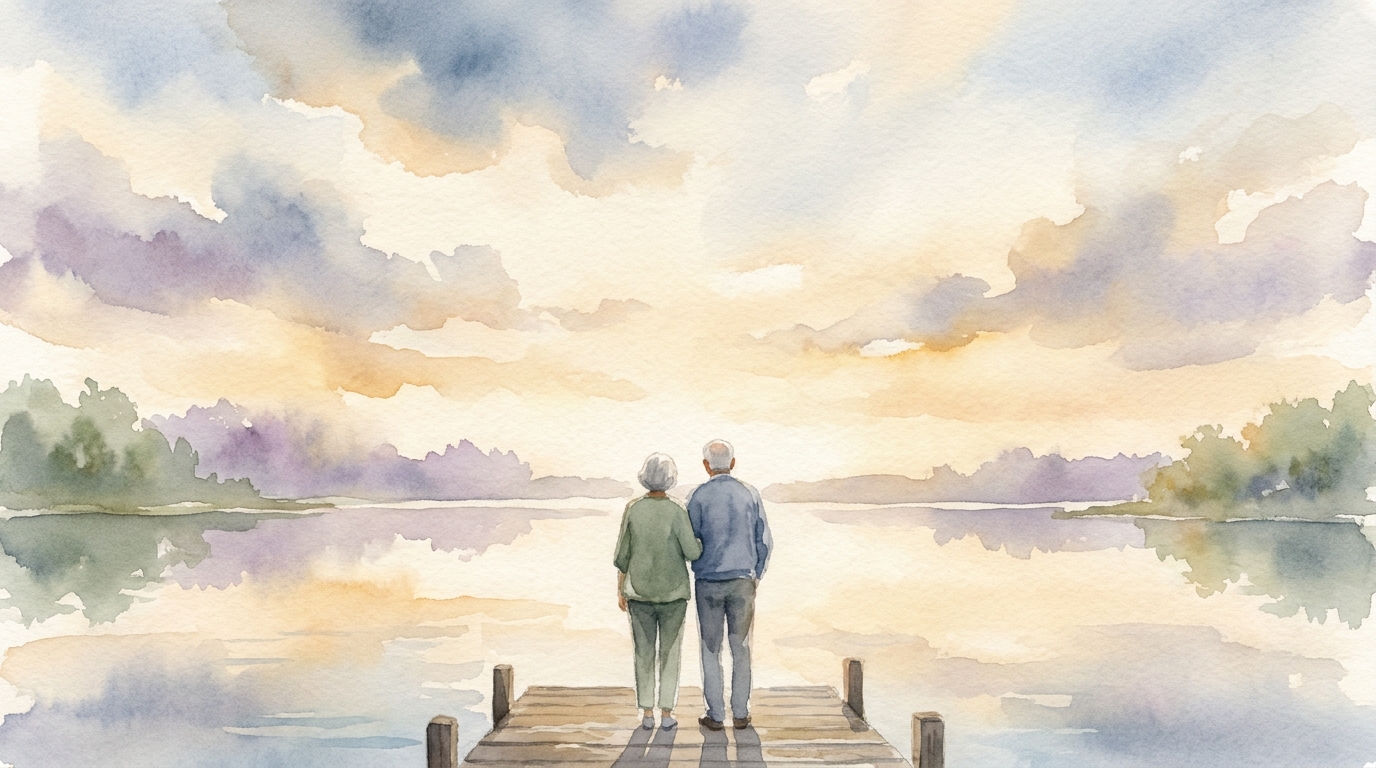 A quiet lakeside dock at dusk