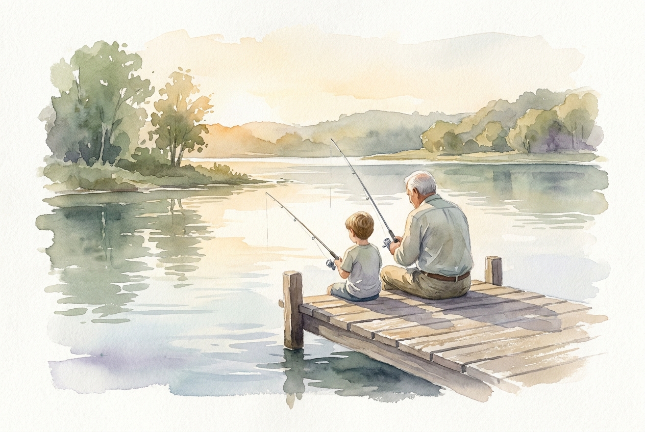 Calm watercolor of an older man fishing from a quiet dock at dawn, still water and soft light