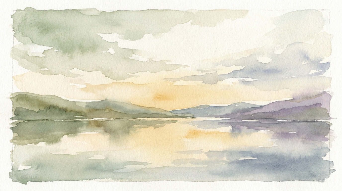 Calm watercolor of a still lake at dawn with soft hills and a wooden dock, muted blues and greens