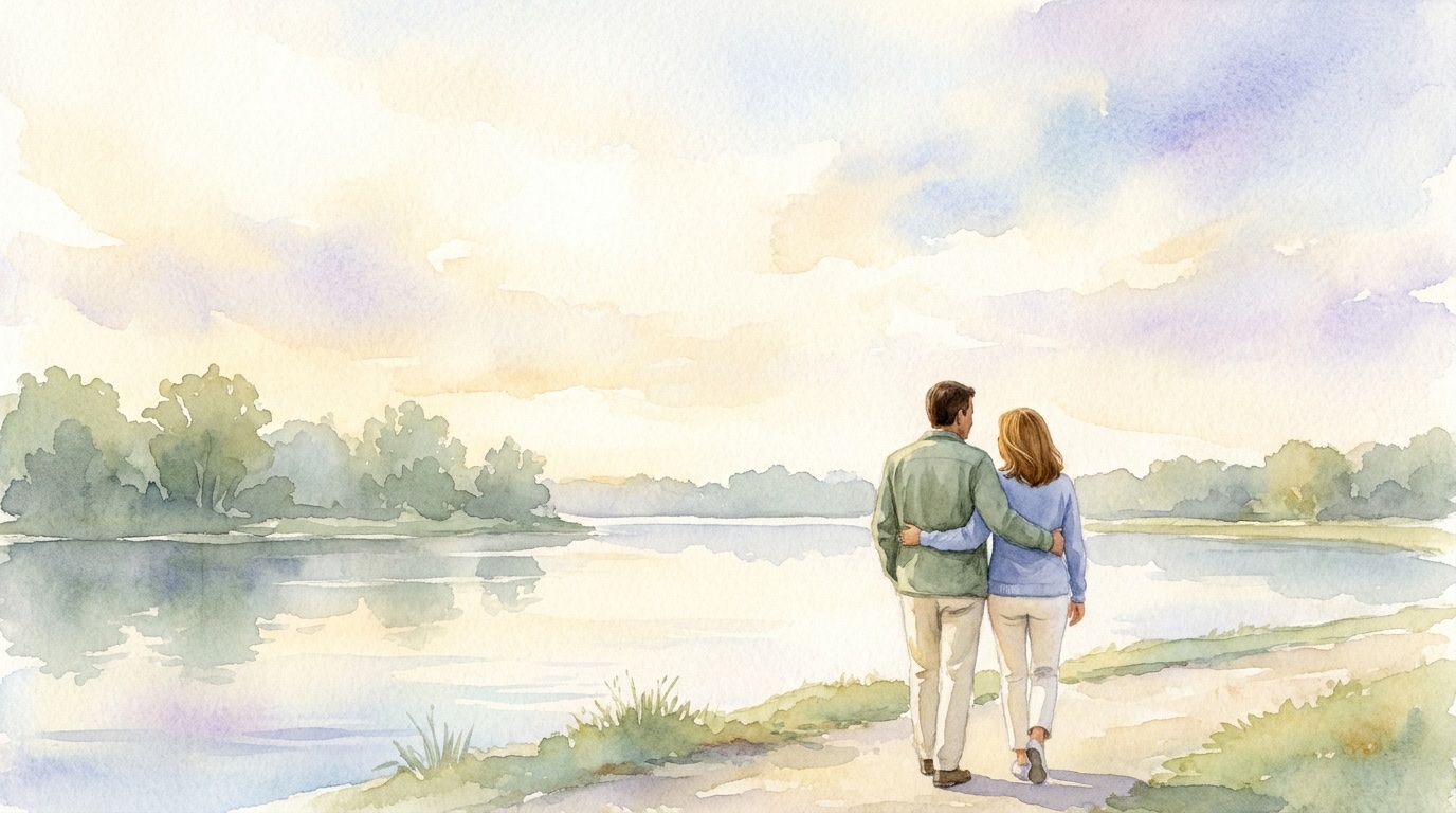 A couple walking a sunlit path toward a lake at golden hour